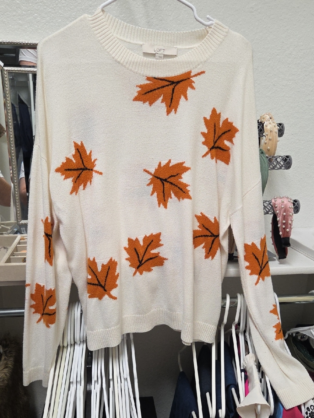 LOFT Cream Crewneck Sweater with Orange Leaf Print